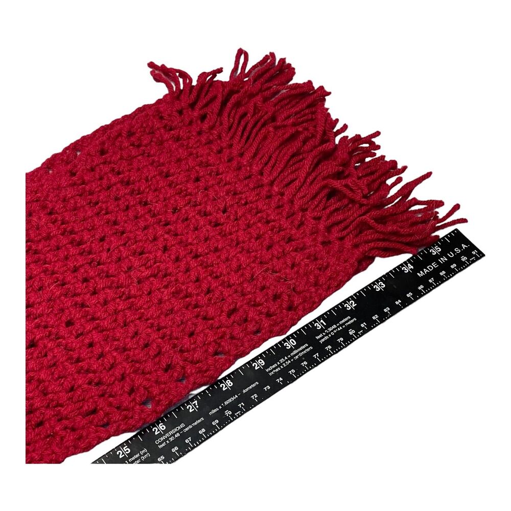 Women's Red Fringed Detail Boho Cozy Handmade Woven Crochet Rectangle Scarf - Picture 3 of 6